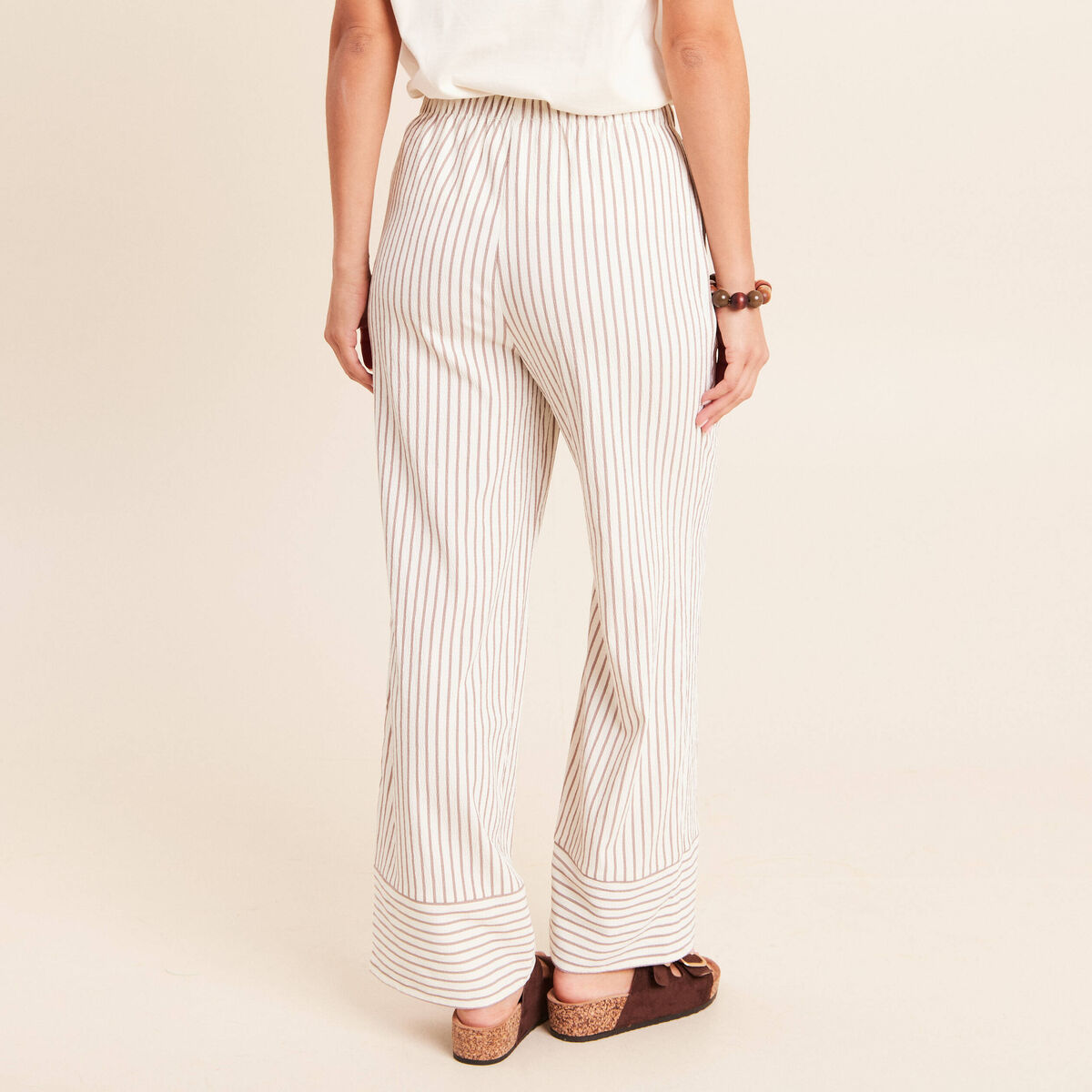 Pantalon large taille haute taupe femme