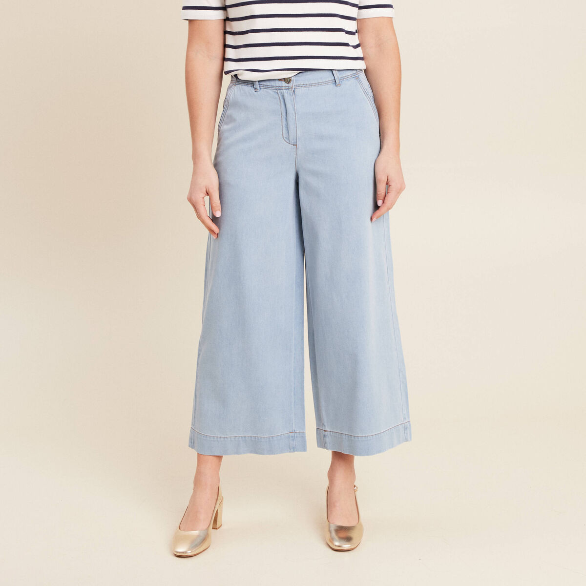 Jean large 7/8ème taille haute denim bleach femme