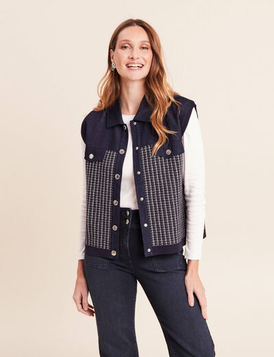 Veste sans manches col chemise bleu marine femme