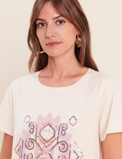 T-shirt col rond manches courtes ecru femme