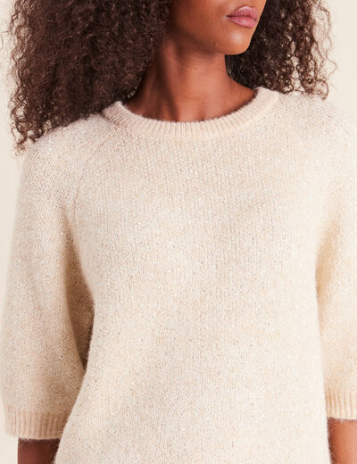 Pull col rond &agrave; sequins beige femme