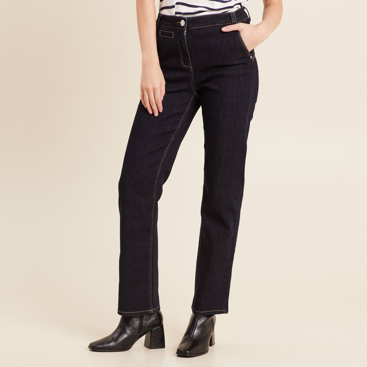 Jean droit taille haute long denim brut femme