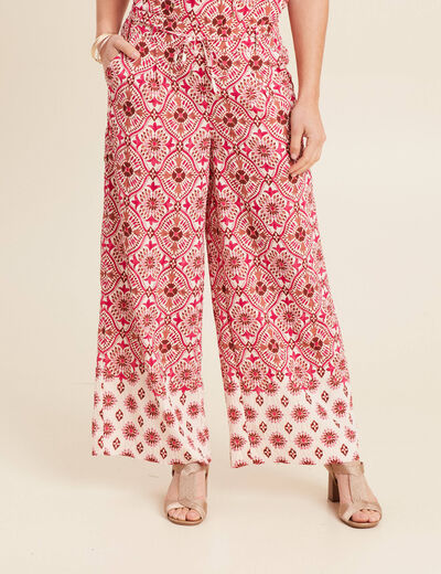 Pantalon large taille haute rose femme