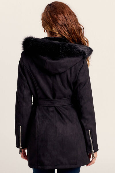 Manteau cintré suédine capuche noir femme