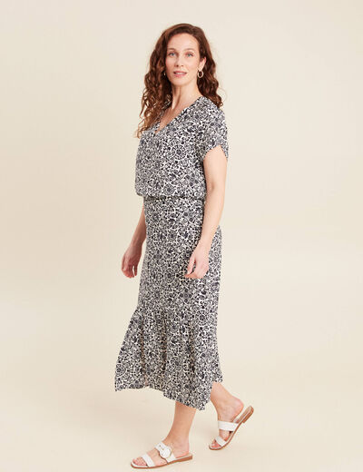 Jupe midi droite satin bleu marine femme