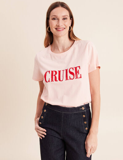 T-shirt col rond manches courtes rose poudr&eacute;e femme