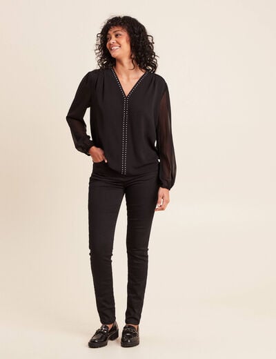 T-shirt col v manches longues noir femme