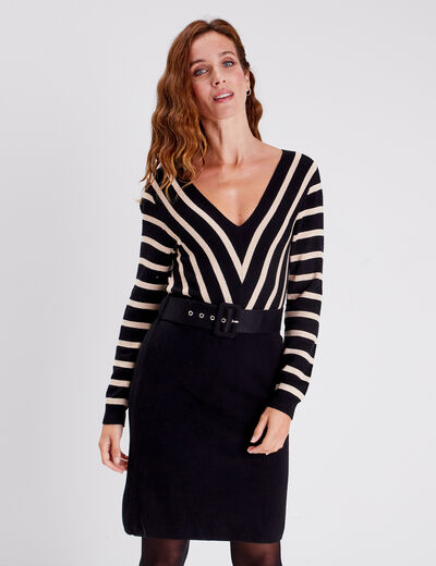 Robe pull droite ceinturée couleur or femme