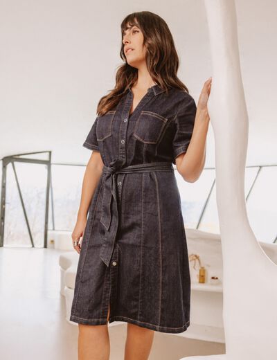 Robe jean &eacute;vas&eacute;e col chemise denim brut femme