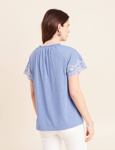 Blouse col tunisien manches courtes bleu ciel femme