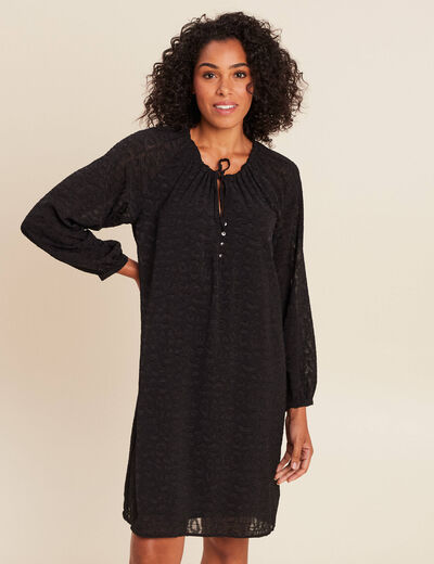 Robe courte &eacute;vas&eacute;e col v manches longues noir femme