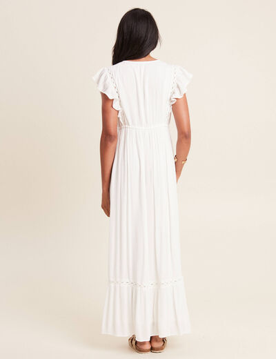Robe longue évasée à volants ecru femme