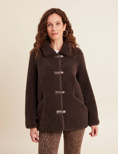 Manteau droit effet mouton marron fonc&eacute; femme