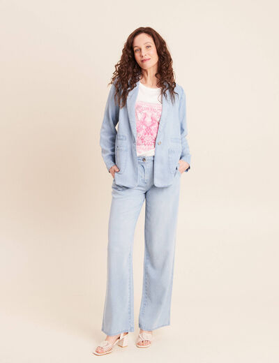 Veste longue cintr&eacute;e en jean doubl&eacute;e denim bleach femme