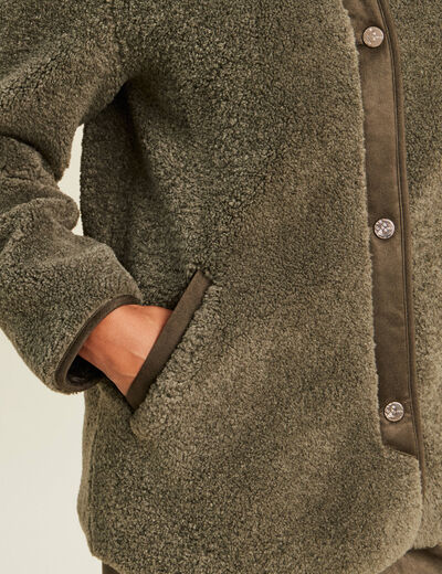 Manteau bouclette doubl&eacute; manches longues vert kaki femme