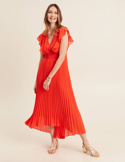 Robe longue évasée à volants orange foncé femme