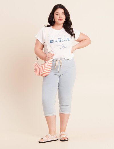 T-shirt col rond manches courtes brod&eacute; ecru femme
