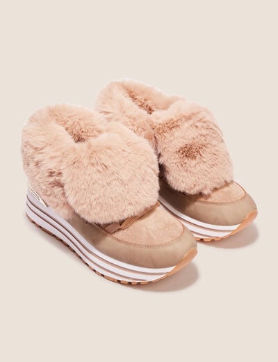 Baskets compens&eacute;es fourr&eacute;es beige femme