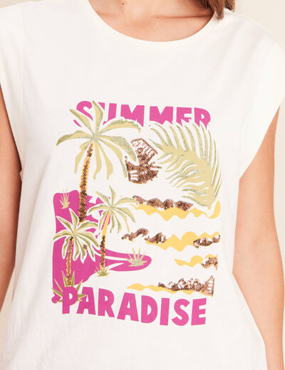 T-shirt col rond manches courtes ecru femme