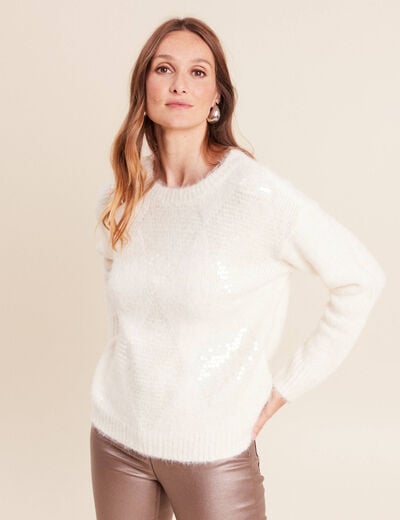 Pull col rond manches longues &agrave; sequins ecru femme