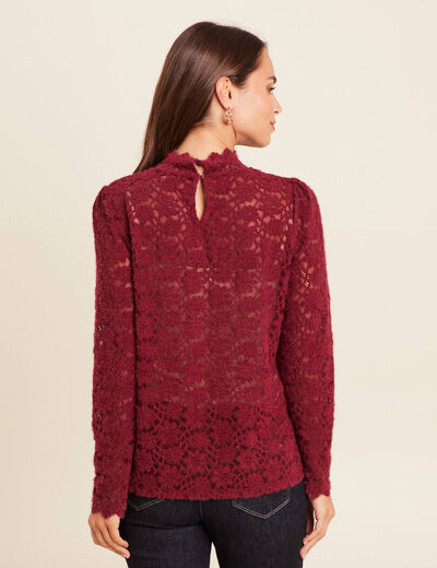 T-shirt cintr&eacute; col montant dentelle bordeaux femme
