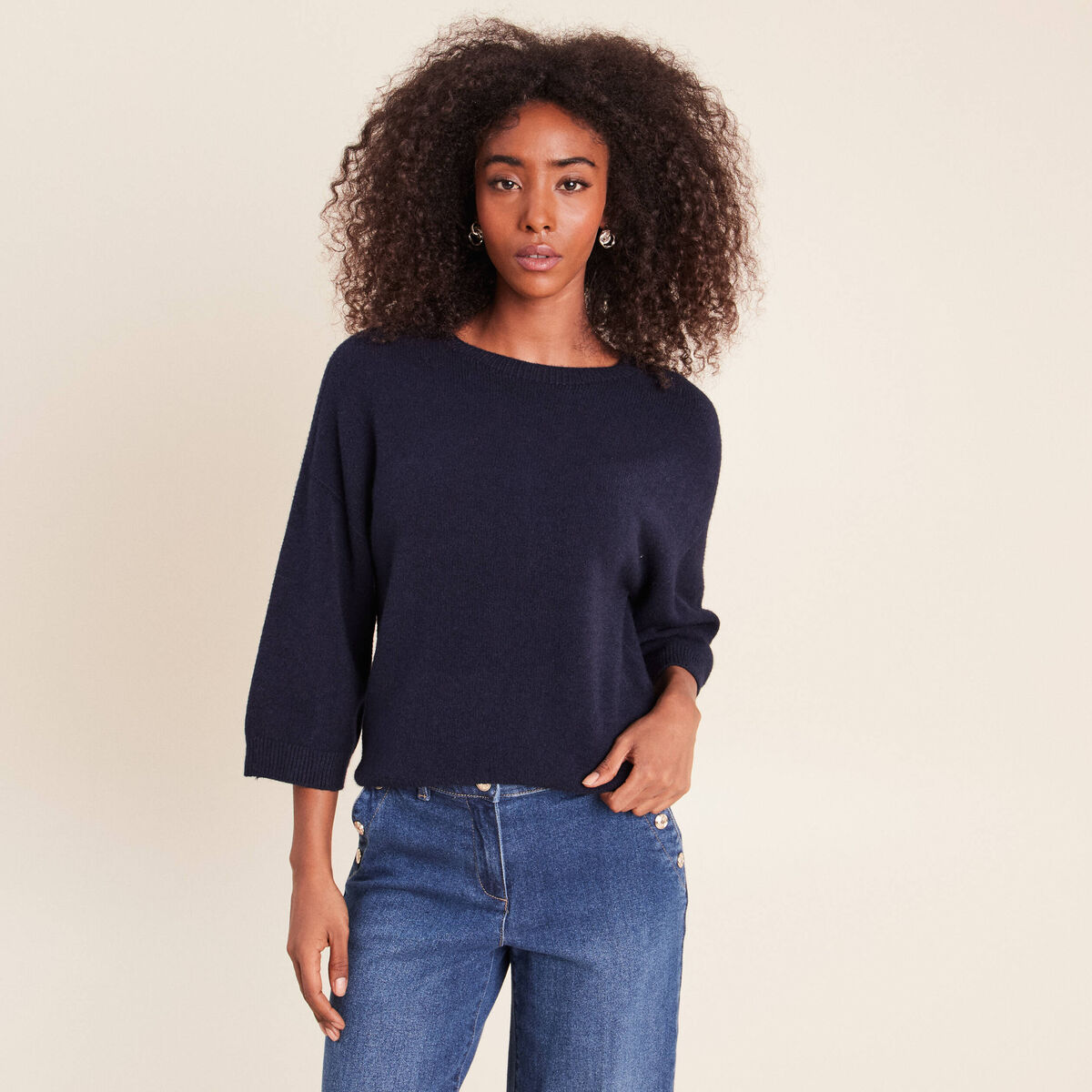 Pull droit col rond manches 3/4 bleu marine femme