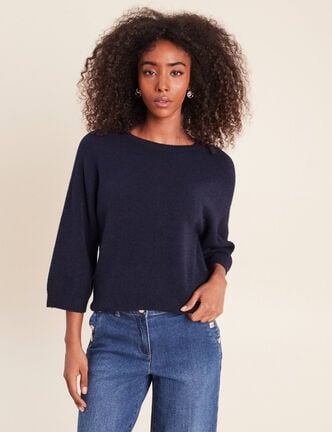 Pull droit col rond manches 3/4 bleu marine femme
