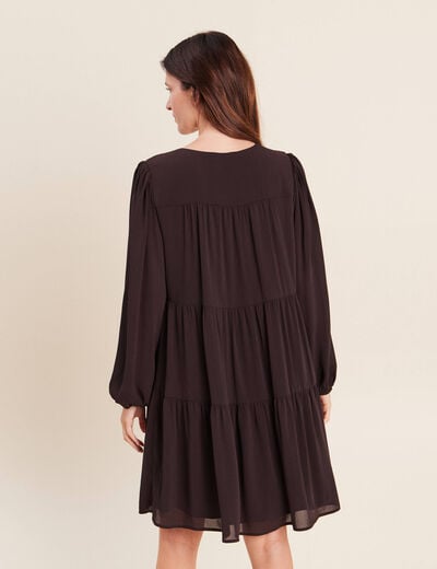 Robe courte &eacute;vas&eacute;e col v manches longues marron fonc&eacute; femme