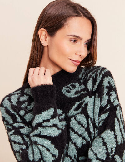Pull duveteux col montant noir femme