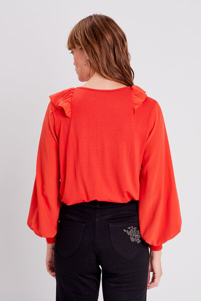 T-shirt manches longues rouge corail femme