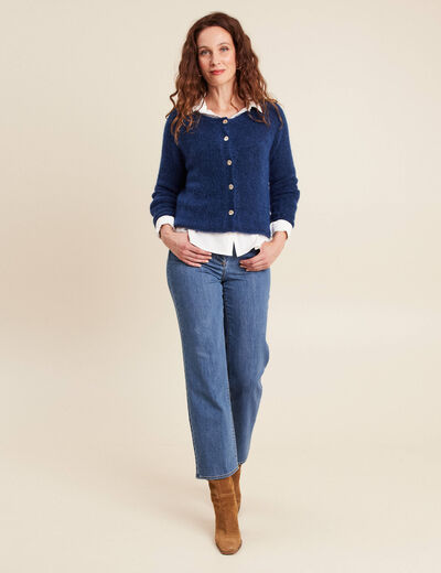 Gilet droit mi-long col rond bleu marine femme