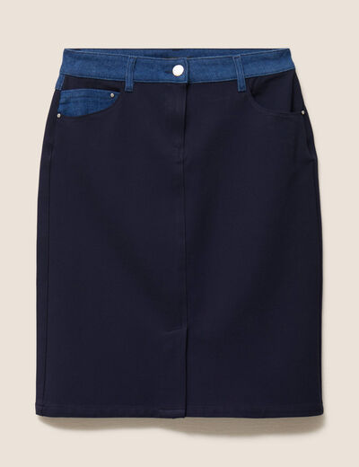Jupe droite bi-mati&egrave;re bleu fonc&eacute; femme