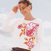 Pull brod&eacute; col rond manches longues rose framboise femme