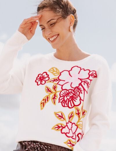 Pull brod&eacute; col rond manches longues rose framboise femme
