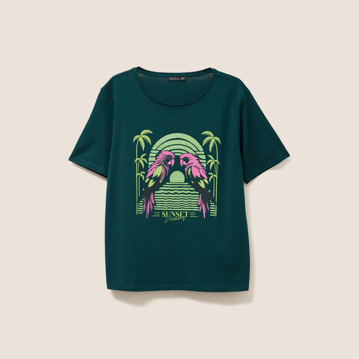T-shirt droit col rond manches courtes vert foncé femme