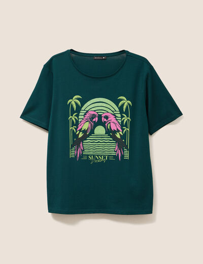 T-shirt droit col rond manches courtes vert foncé femme