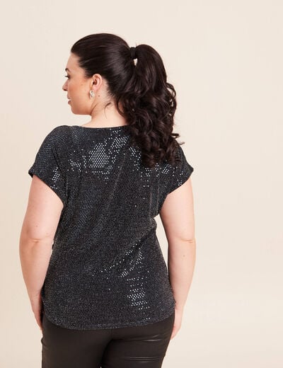 T-shirt cintr&eacute; &agrave; sequins col rond bleu marine femme