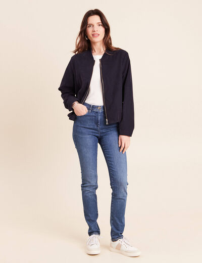 Bomber manches longues en velours doubl&eacute; bleu fonc&eacute; femme