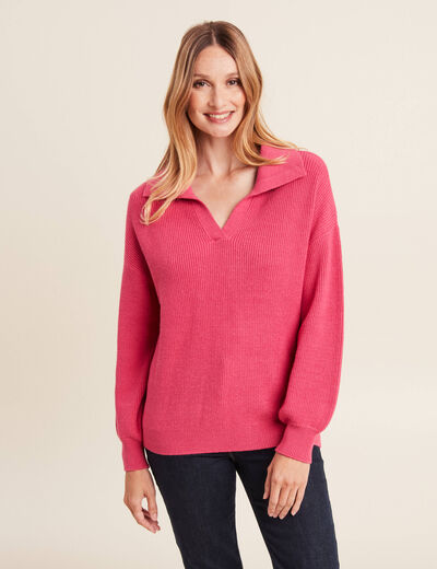 Pull manches longues col polo rose femme