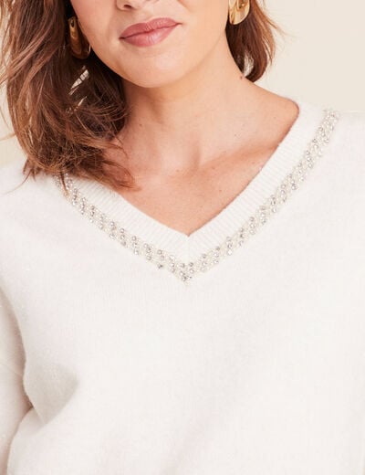 Pull col v manches longues brillant ecru femme