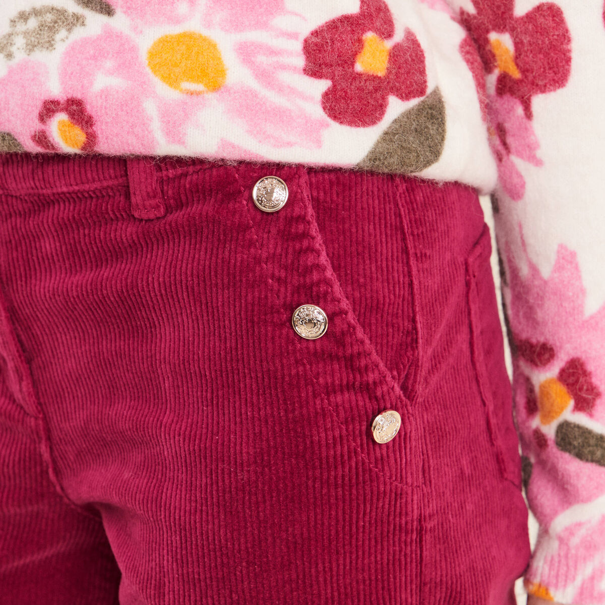 Pantalon large velours c&ocirc;tel&eacute; rouge fonc&eacute; femme