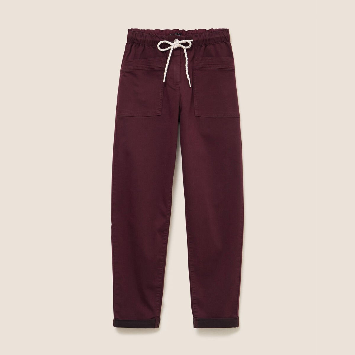 Pantalon coupe droite à coulisse bordeaux femme