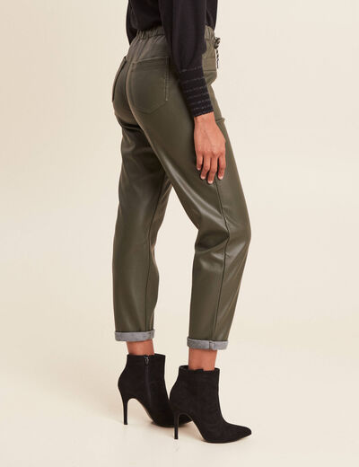 Pantalon paperbag simili cuir vert kaki femme