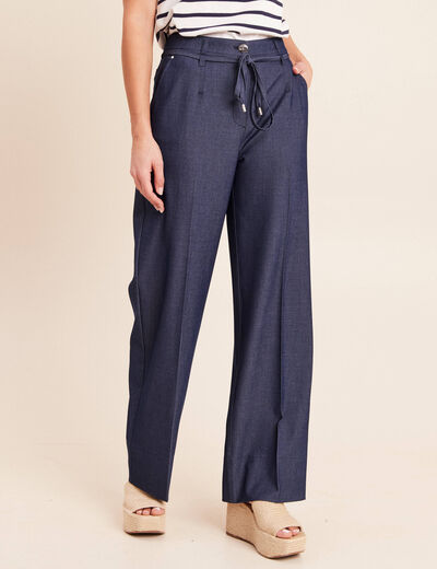 Pantalon coupe large taille haute fluide denim brut femme
