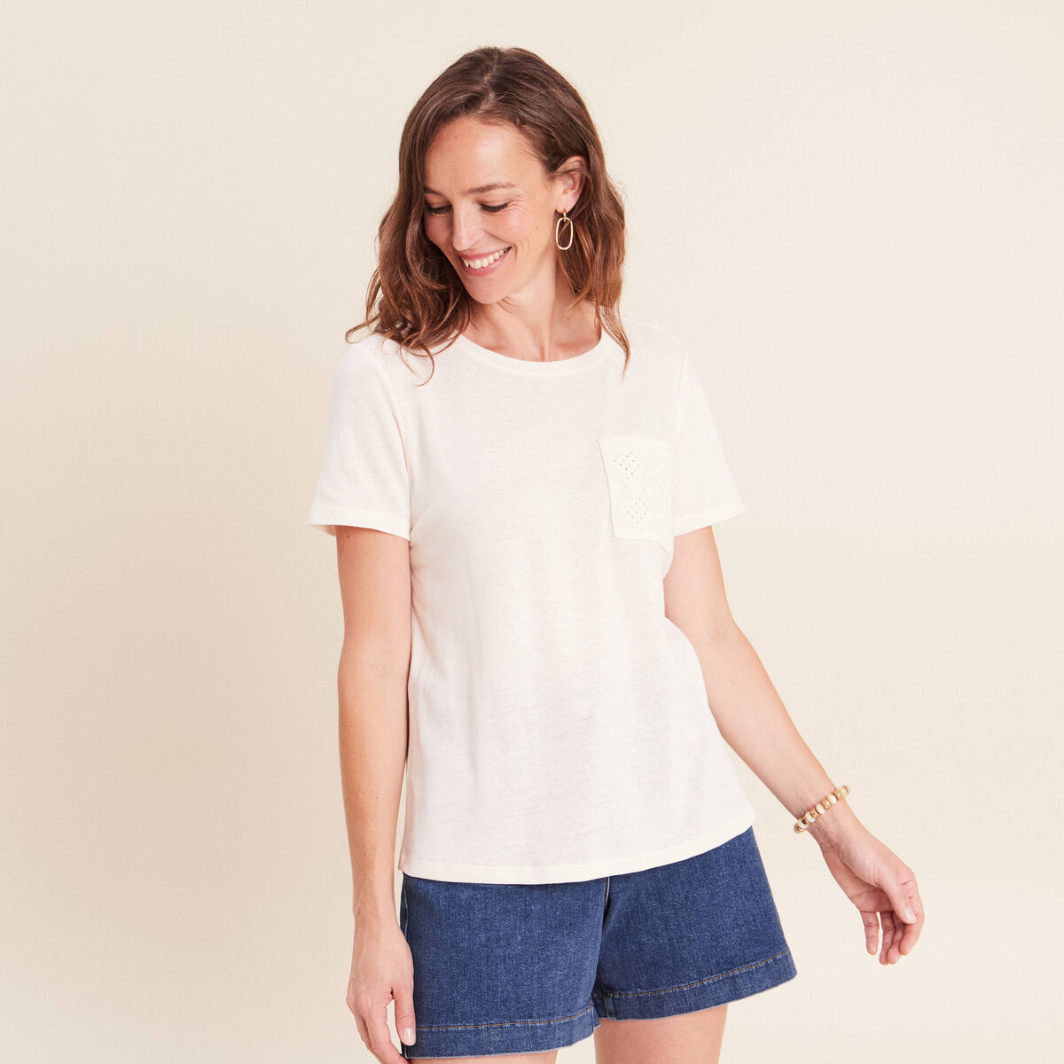 T-shirt col rond manches courtes ecru femme