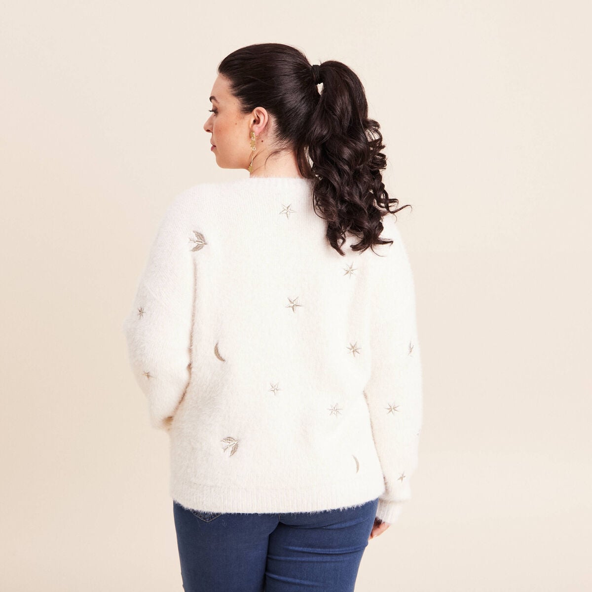 Pull brod&eacute; manches longues ecru femme
