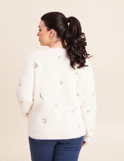 Pull brod&eacute; manches longues ecru femme