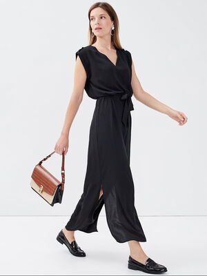 Robe longue droite ceinturee noir femme