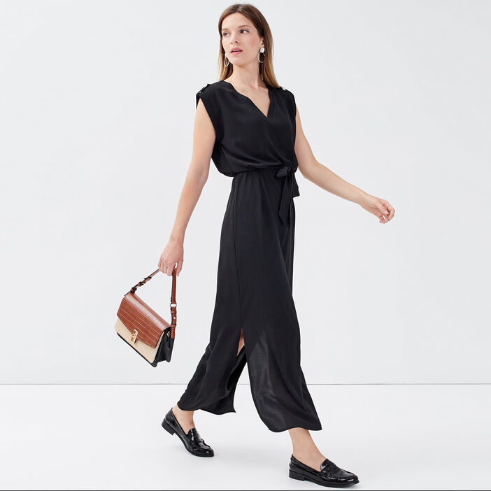 Robe longue droite ceinturée noir femme