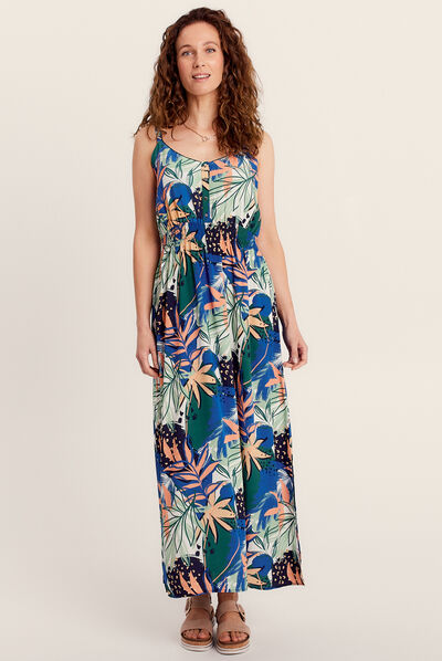 Robe longue évasée à bretelles bleu femme